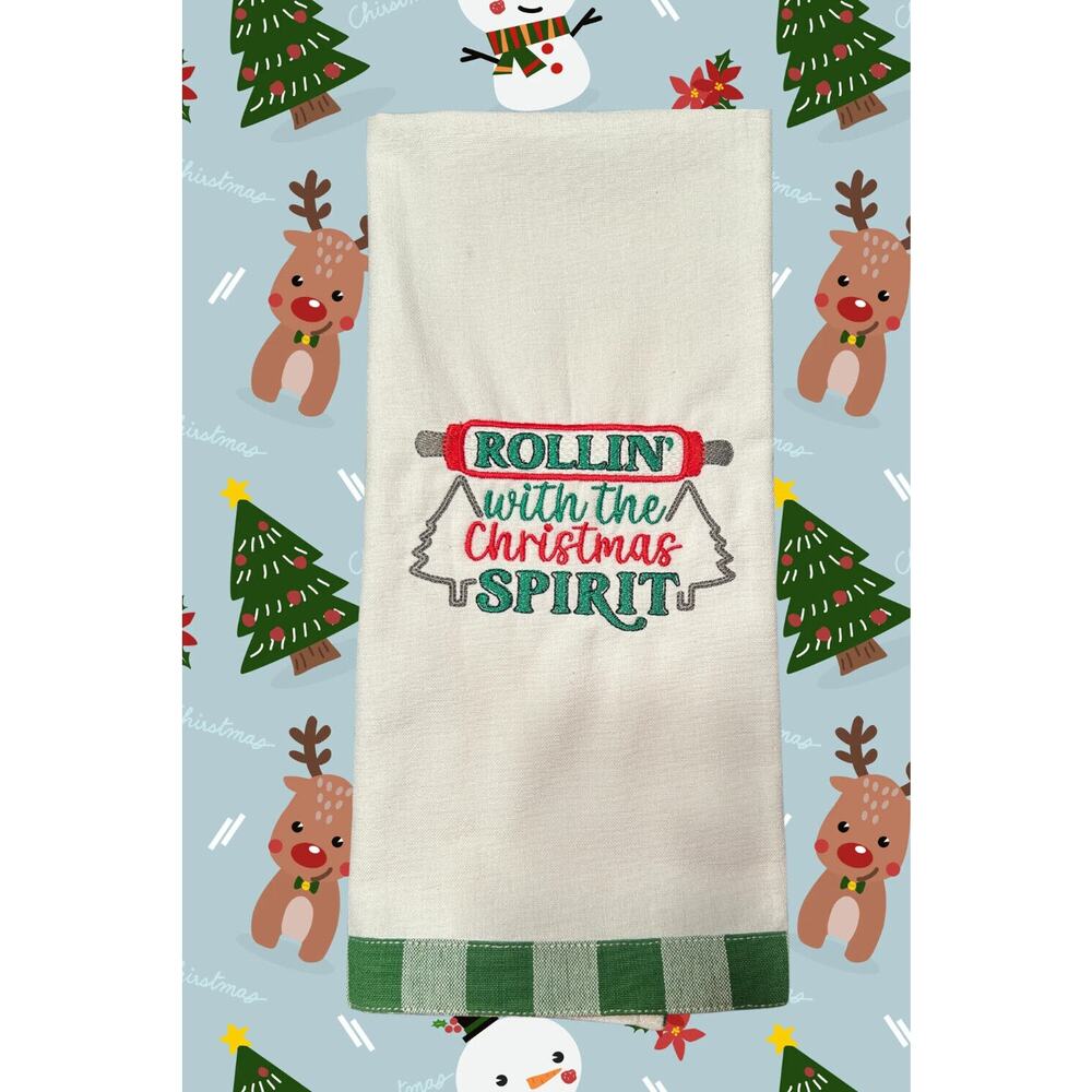 Embroidered Xmas Kitchen Towel Rollin’ With the Christmas Spirit Made by Jan